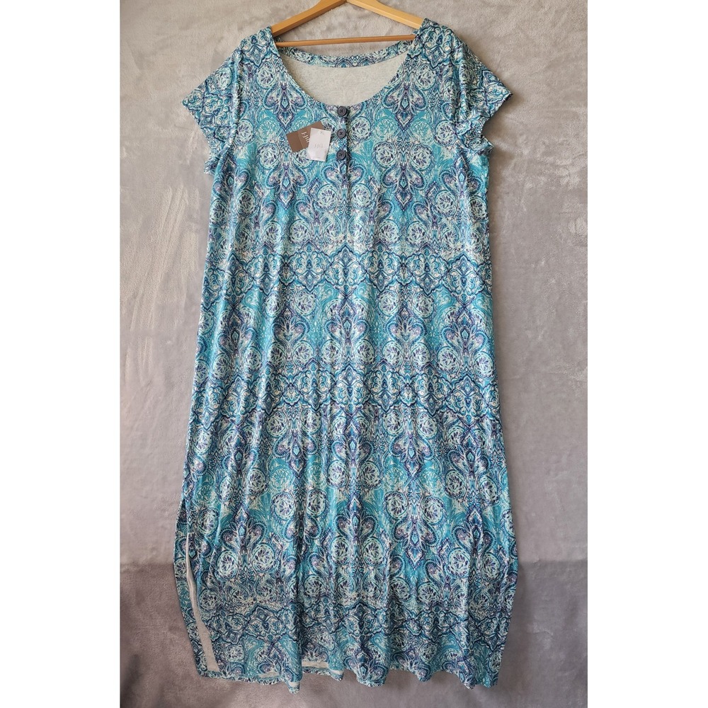J. Jill Maxi Dress Womens Size 2X Blue Paisley Medallion Stretch Knit Button NWT